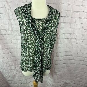 Talbots Black White green Tie Front sleeveless Blouse sz 12 office classic